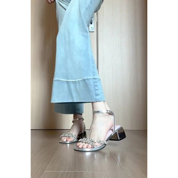 Stunning silver strap-on medium block heel sandals women's 2025 new summer with skirt fairy style French high heels - Image 3