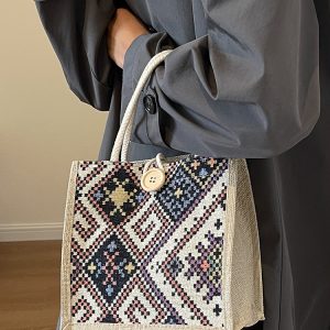 Ethnic canvas bag women's summer new fashion outing hand-held linen lunch box bento bag hand-carried mommy bag