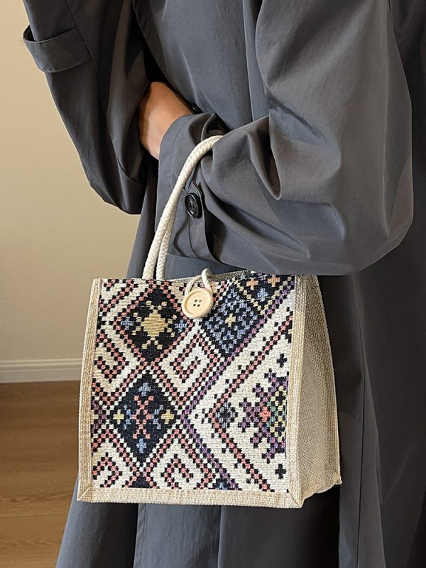 Ethnic canvas bag women's summer new fashion outing hand-held linen lunch box bento bag hand-carried mommy bag - Image 2