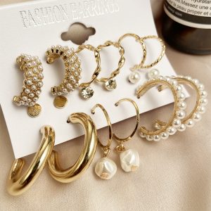 European and American cross-border new pearl inlaid women's earrings Creative French vintage gold earring set 9-piece set