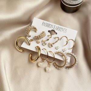 European and American cross-border new pearl inlaid women's earrings Creative French vintage gold earring set 9-piece set
