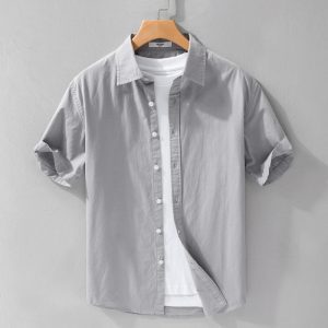 Men's simple and versatile short-sleeved shirt solid color button texture comfortable breathable fresh business casual cotton and linen shirt