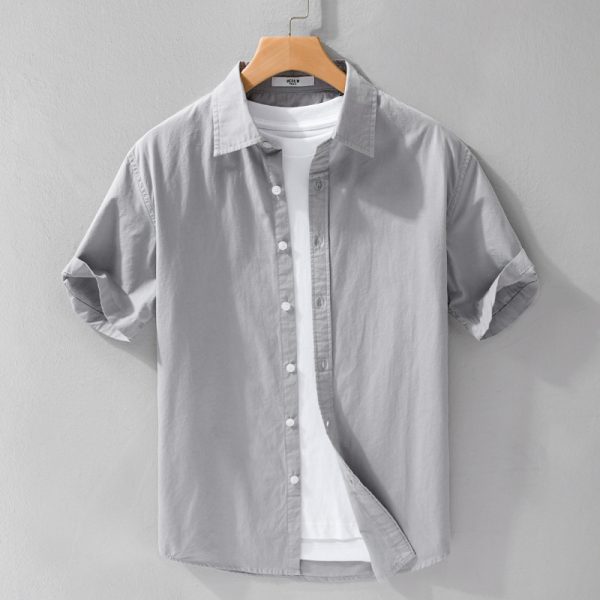 Men's simple and versatile short-sleeved shirt solid color button texture comfortable breathable fresh business casual cotton and linen shirt - Image 4