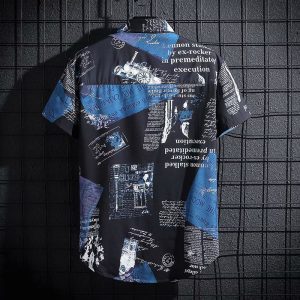 2024 Summer Short Sleeve Shirt Men's Thin Graffiti Newspaper Print Hong Kong Style Trend Ruffian Handsome Loose Half Sleeve Shirt
