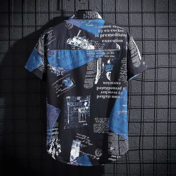 2024 Summer Short Sleeve Shirt Men's Thin Graffiti Newspaper Print Hong Kong Style Trend Ruffian Handsome Loose Half Sleeve Shirt - Image 4