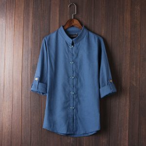 2025 cross-border men's foreign trade cropped sleeve shirt linen retro plus size shirt trendy men's linen shirt 9 colors