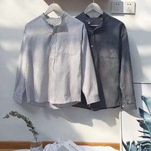 2022 Spring and Autumn New Stand Up Collar Striped Long Sleeve Shirt Men's Trendy Thin Shirt Student Casual Top Men's