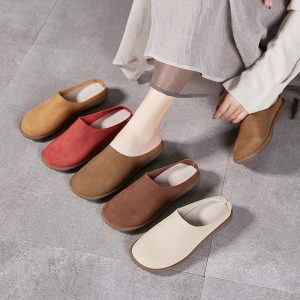 2025 spring/summer new flat cowhide toe sandals soft-soled soft-faced leather semi-slippers comfortable and versatile women's shoes