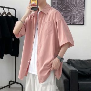 Summer solid color short-sleeved shirt, men's Korean version, trendy, versatile, loose, Hong Kong-style, Japanese-style literary bf, five-quarter sleeve top