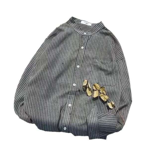 2022 Spring and Autumn New Stand Up Collar Striped Long Sleeve Shirt Men's Trendy Thin Shirt Student Casual Top Men's - Image 5