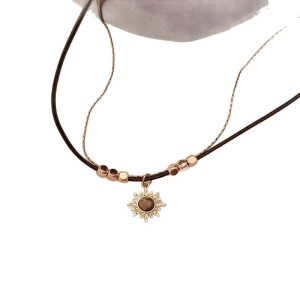 Golden sunflower tiger's eye necklace women's light luxury high-end sense double stacked sweater chain retro Maillard accessories