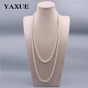 European and American cross-border explosive fashion temperament, versatile glass pearl long women's necklace, simple and hot-selling sweater chain jewelry