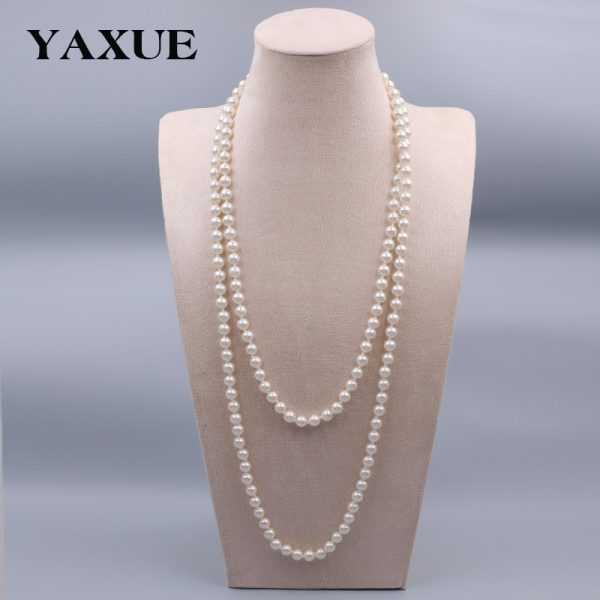 European and American cross-border explosive fashion temperament, versatile glass pearl long women's necklace, simple and hot-selling sweater chain jewelry