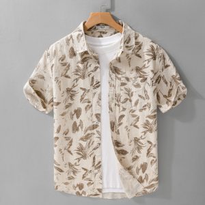 Summer linen personality print comfortable short-sleeved shirt casual breathable linen shirt floral men