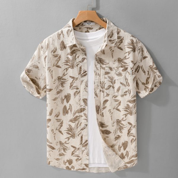 Summer linen personality print comfortable short-sleeved shirt casual breathable linen shirt floral men - Image 2