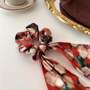 Korean Rose Scrunchie Green Oil Painting Headband 2024 New Large Intestine Streamer Ponytail Women's Hair Tie Retro Headband