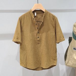 Solid color linen stand up collar short sleeve shirt men's workwear summer new simple cotton linen fashion youth casual shirt