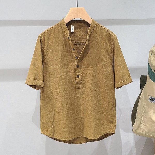 Solid color linen stand up collar short sleeve shirt men's workwear summer new simple cotton linen fashion youth casual shirt - Image 2