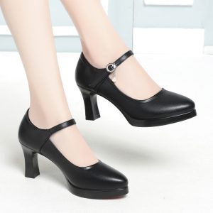 Casual etiquette high heels, leather shoes, soft leather platform shoes, thick heel catwalk shoes, platform strap women's shoes