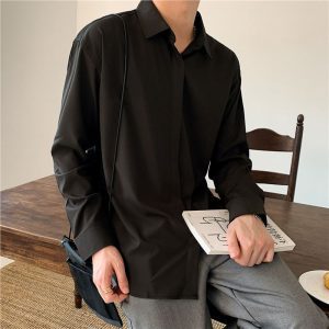 Drapable iron-free loose solid color white shirt men's light familiar ruffian handsome teenager Korean version casual long-sleeved bottoming shirt