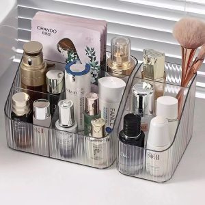Light luxury storage box, desktop cosmetics pen holder, makeup storage bucket, Nordic style transparent trapezoidal cosmetics shelf