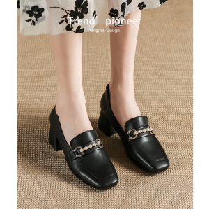 Simple office wear, soft pure leather single shoes, 6cm heel high spring and autumn square toe Mary pearl diamond women's shoes