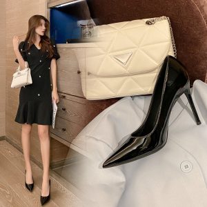 Spring New High Heels Thin Heels Shallow Mouth Pointed Toe Professional Black OL Business Work Shoes Women's Fashion Patent Leather Single Shoes