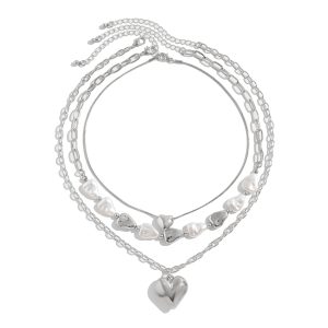 European and American cross-border fashion ins metal love pendant necklace Irregular design imitation pearl stacking necklace women