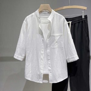 Linen shirt short sleeve shirt loose men's chinoiserie long sleeve summer cotton linen men's casual three-quarter sleeves