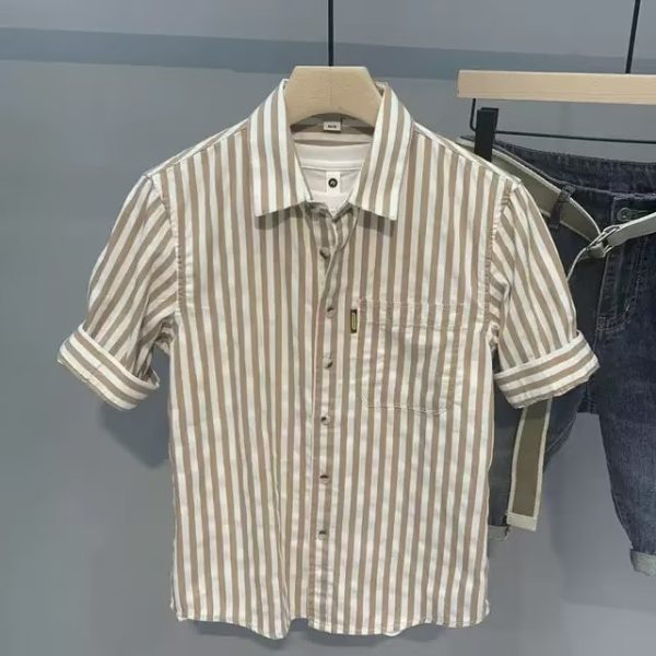 Summer new five-point short-sleeved shirt, men's trendy casual mid-sleeve striped youth shirt, fashionable thin base shirt - Image 2