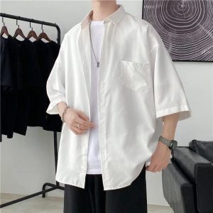 Summer solid color short-sleeved shirt, men's Korean version, trendy, versatile, loose, Hong Kong-style, Japanese-style literary bf, five-quarter sleeve top