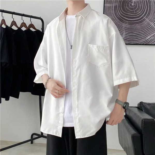 Summer solid color short-sleeved shirt, men's Korean version, trendy, versatile, loose, Hong Kong-style, Japanese-style literary bf, five-quarter sleeve top