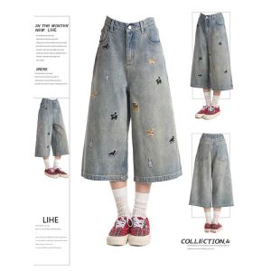 Puppy embroidered jeans, women's new summer pants, plus size fat mm shorts, slimming wide leg, seven-point mid pants