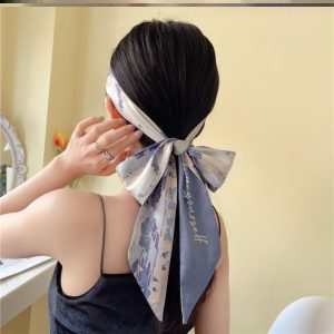 European fashion temperament pattern retro headband long silk scarf ribbon high-end streamer versatile trend geometric hair accessories