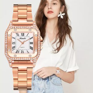 Cross Border New Square Women Steel Band Watch Fashion Roman Diamond Gold Men's Watch Alloy Quartz Watch