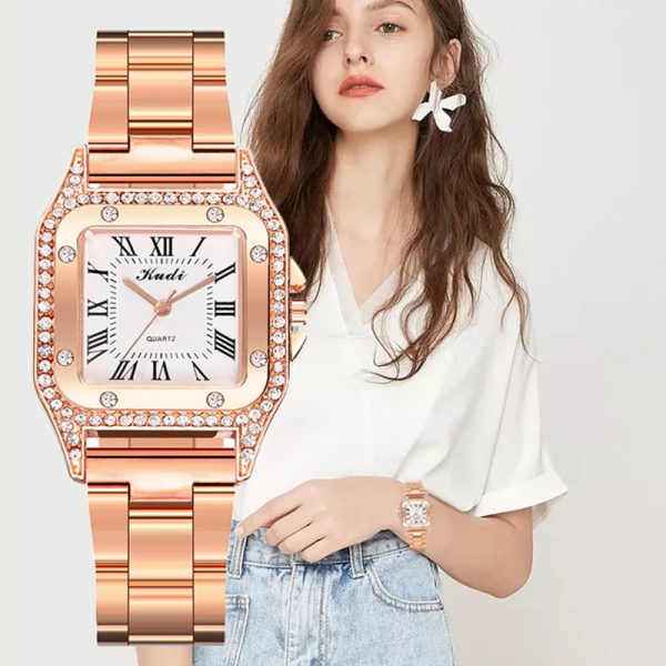 Cross Border New Square Women Steel Band Watch Fashion Roman Diamond Gold Men's Watch Alloy Quartz Watch - Image 2