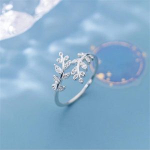 S925 Sterling Silver Ring Wholesale Fashion Personality Small Fresh Diamond Leaf Branch Open Ring Female