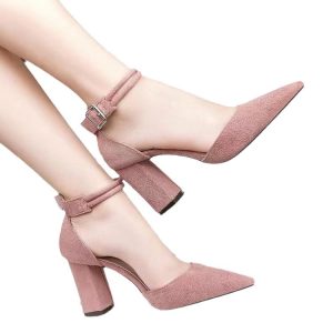 2024 Spring/Summer New Pointed Toe Pumps Pumps Women's Sandals Single Shoes Korean Version Straight Strap Ankle Square Buckle High Heels