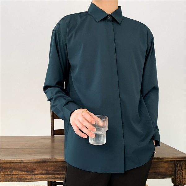 Drapable iron-free loose solid color white shirt men's light familiar ruffian handsome teenager Korean version casual long-sleeved bottoming shirt - Image 2