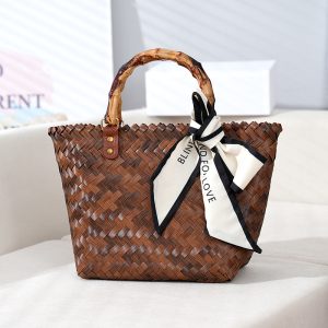 Large hand-woven bag fashionable and versatile woven cabbage basket vintage imitation bamboo bag beach handbag