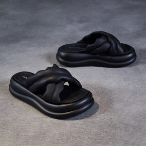 2025 summer new sheepskin bun-stepping cross slippers for women wearing muffins and platform beach slippers