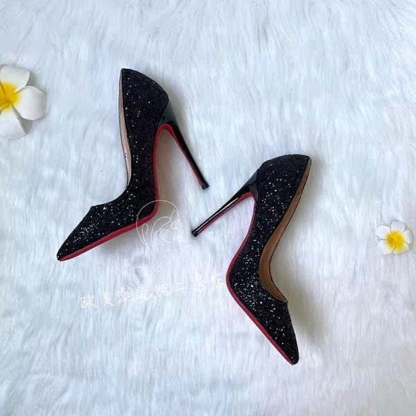 Black Red Sole High Heels Women's Stiletto Heels Fall/Winter 2023 New Sequin Crystal Wedding Shoes Pointed-toe Professional Sexy Singles - Image 3