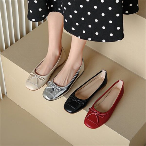 Bow sheepskin little red shoes new versatile square toe soft sole red flat women's shoes leather pumps low heels - Image 4