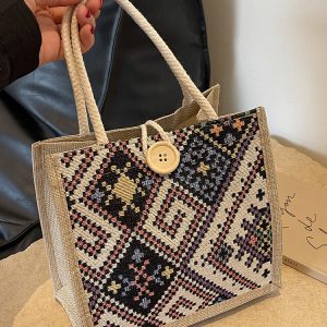 Ethnic canvas bag women's summer new fashion outing hand-held linen lunch box bento bag hand-carried mommy bag