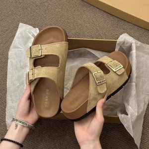 Flatform thick-soled slippers women's summer wear ins tide 2025 new retro with skirt heightened Birkenstock sandals