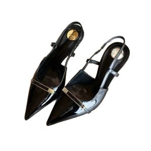 Yang Shulin's same metal buckle burgundy pointed high heels, feminine socialite, with a strap on the back of sandals