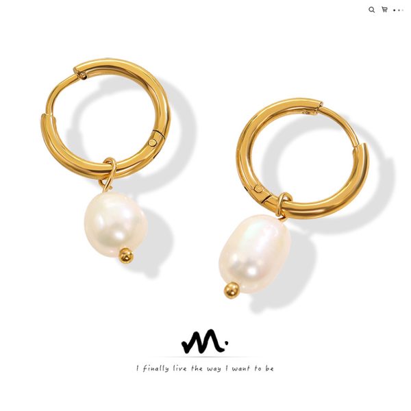 French vintage earrings freshwater pearl hoop earrings titanium steel 18K gold plated jewelry ins cold wind