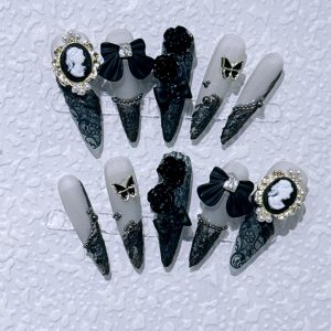 Hand-worn nail sweet cool dark baroque beauty head camellia long pointed nail manicure patch