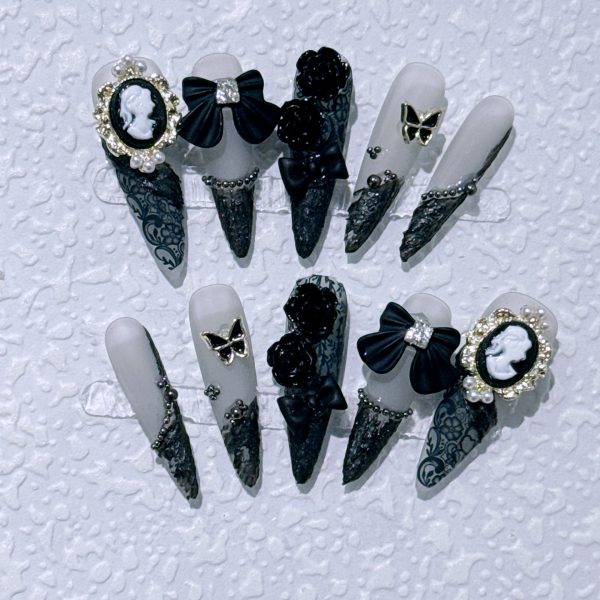 Hand-worn nail sweet cool dark baroque beauty head camellia long pointed nail manicure patch - Image 2