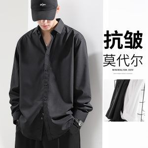 Summer loose drape-free ice silk black shirt men's long sleeve high-end sense ruffian handsome casual white shirt wholesale